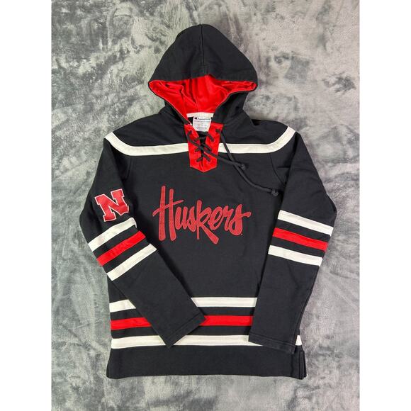 Y2K Champion Nebraska Huskers Lace-Up Hockey Hoodie Sweatshirt Black Red Small‎ - Picture 1 of 8